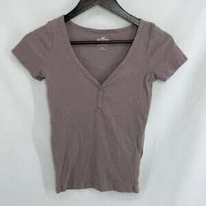 Hollister Rib Knit Henley TShirt V-Neck Mauve Pink Womens Small Short Sleeve Top